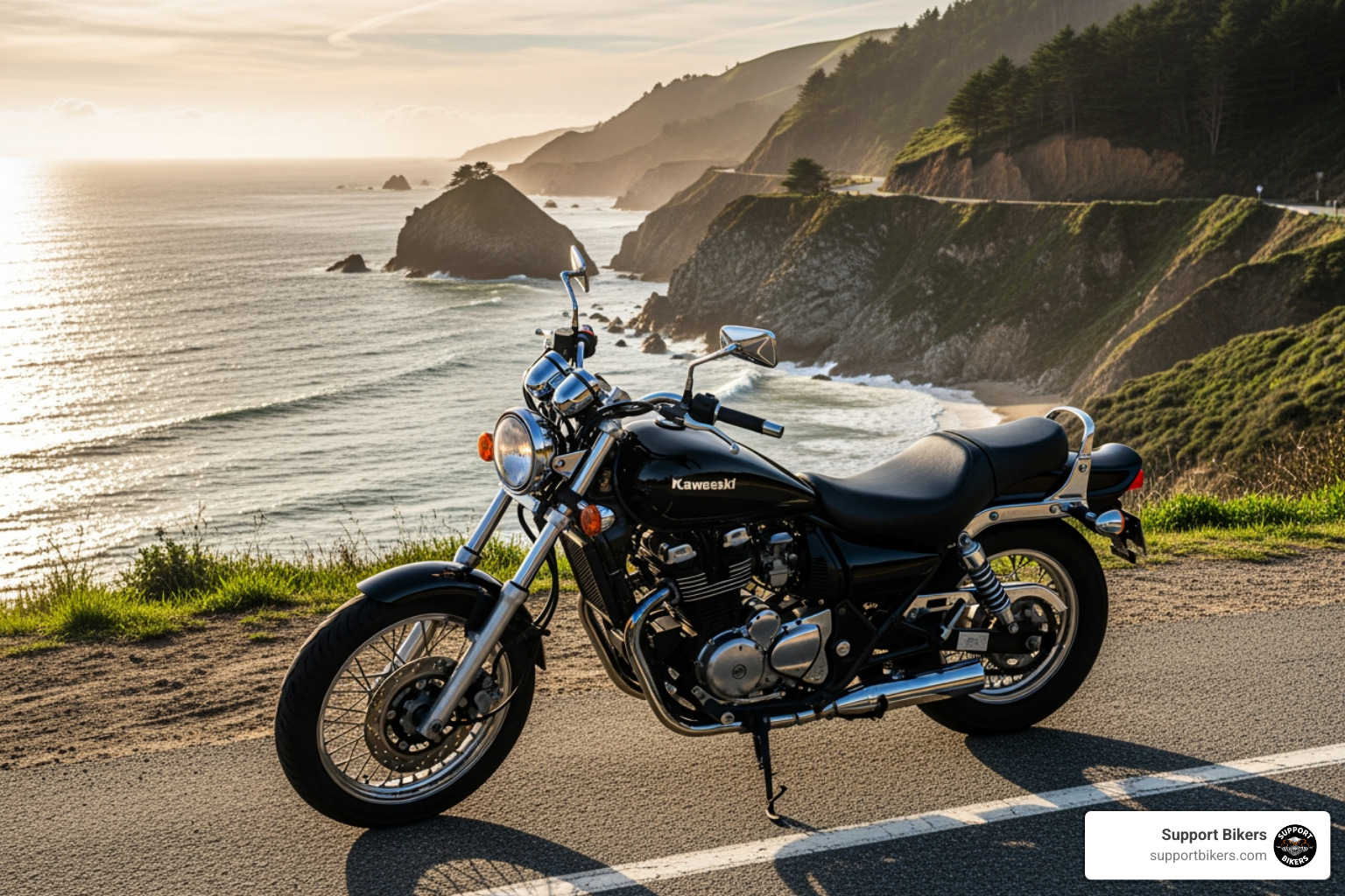 A Kawasaki Eliminator parked at a scenic overlook on a coastal road - Best beginner cruisers