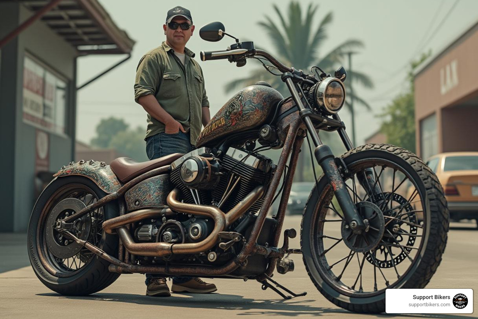 proud owner standing next to their unique custom motorcycle - custom motorcycle builders