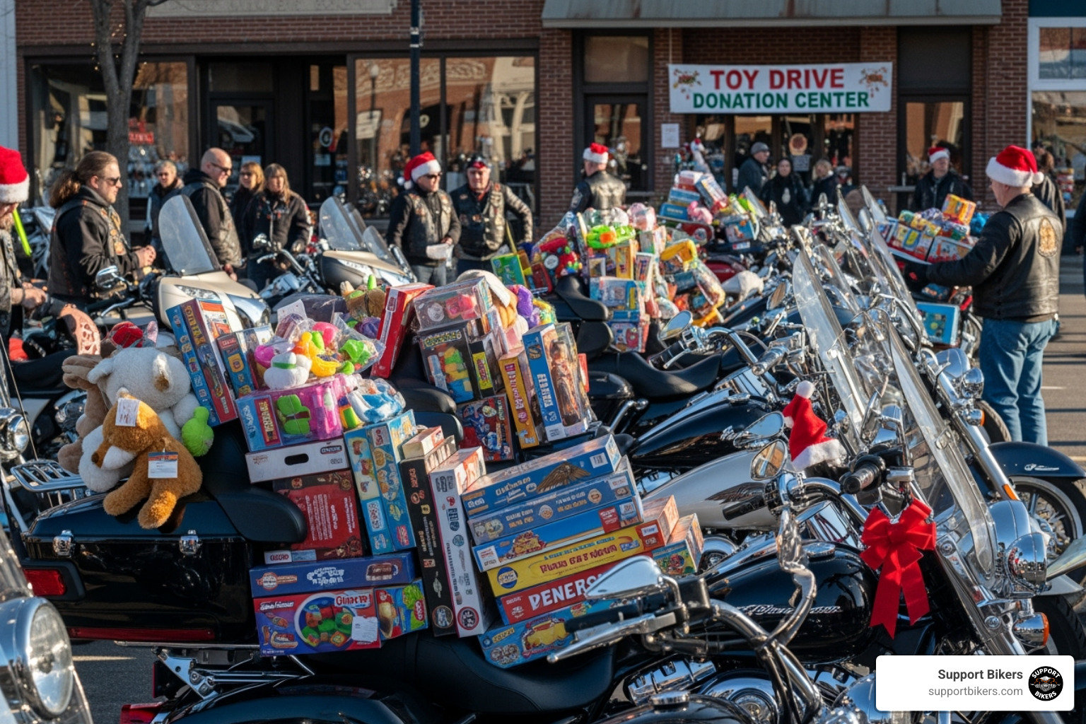 motorcycles piled high with donated toys for a Christmas toy run - biker fundraising events
