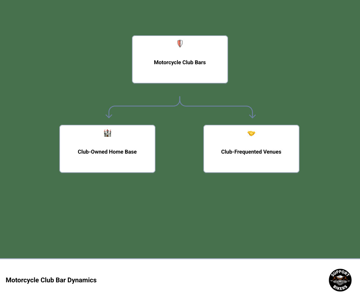 Detailed breakdown showing the hierarchy and structure of motorcycle club bar dynamics, including territorial boundaries, member privileges, club meeting protocols, and the different types of establishments from neutral biker-friendly bars to exclusive club-owned venues - motorcycle club bars infographic hierarchy