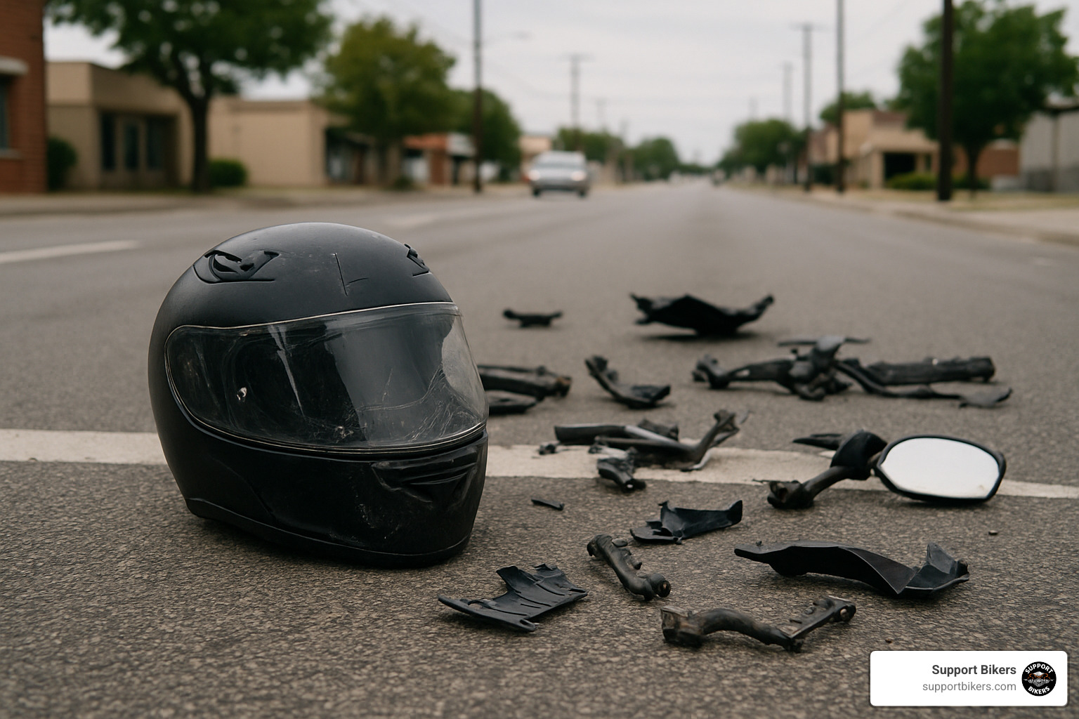 damaged helmet and motorcycle parts scattered on roadway - can I sue motorcycle accident