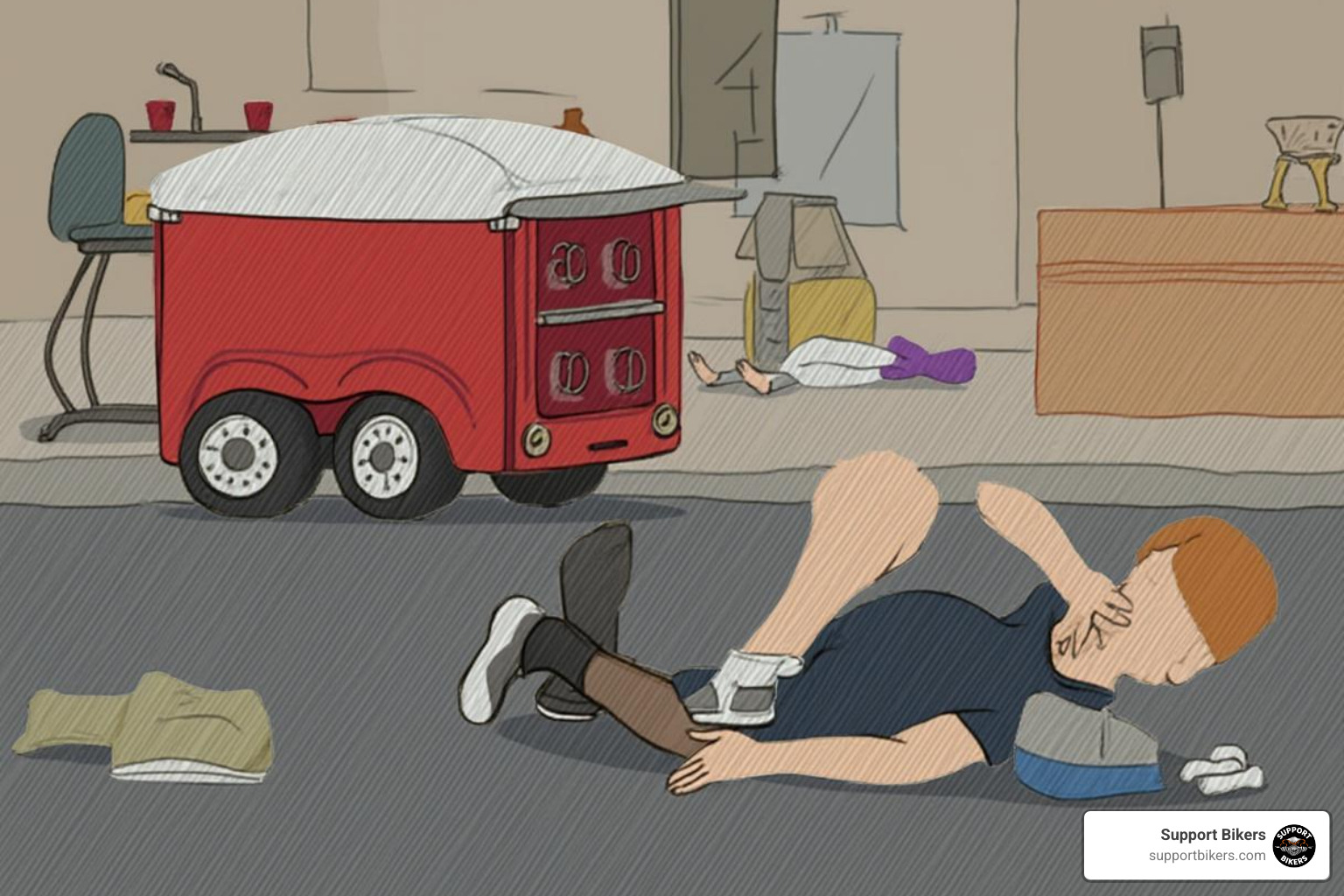 A notepad and pen with accident details written down, next to an American style motorcycle helmet - what to do if injured