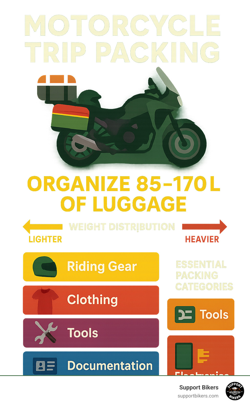Detailed motorcycle luggage capacity infographic showing how to organize 85-170 liters of storage space with weight distribution guidelines and essential packing categories - Motorcycle trip packing infographic 