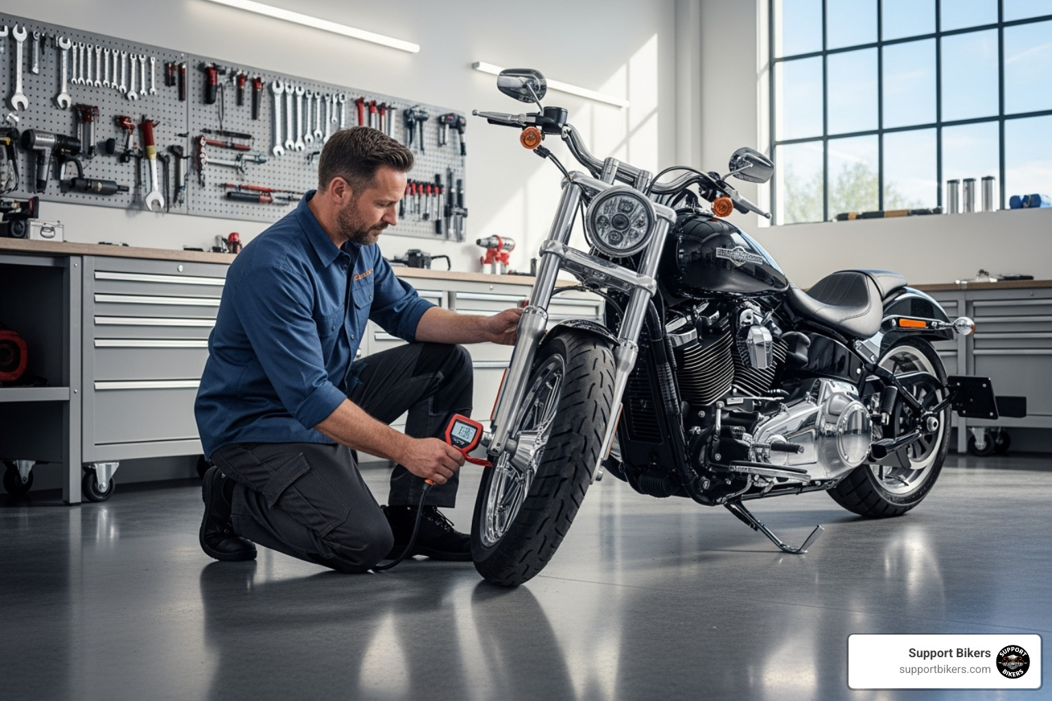 of a mechanic in a clean workshop checking the tire pressure on a Harley-Davidson. - motorcycle repair shops near me
