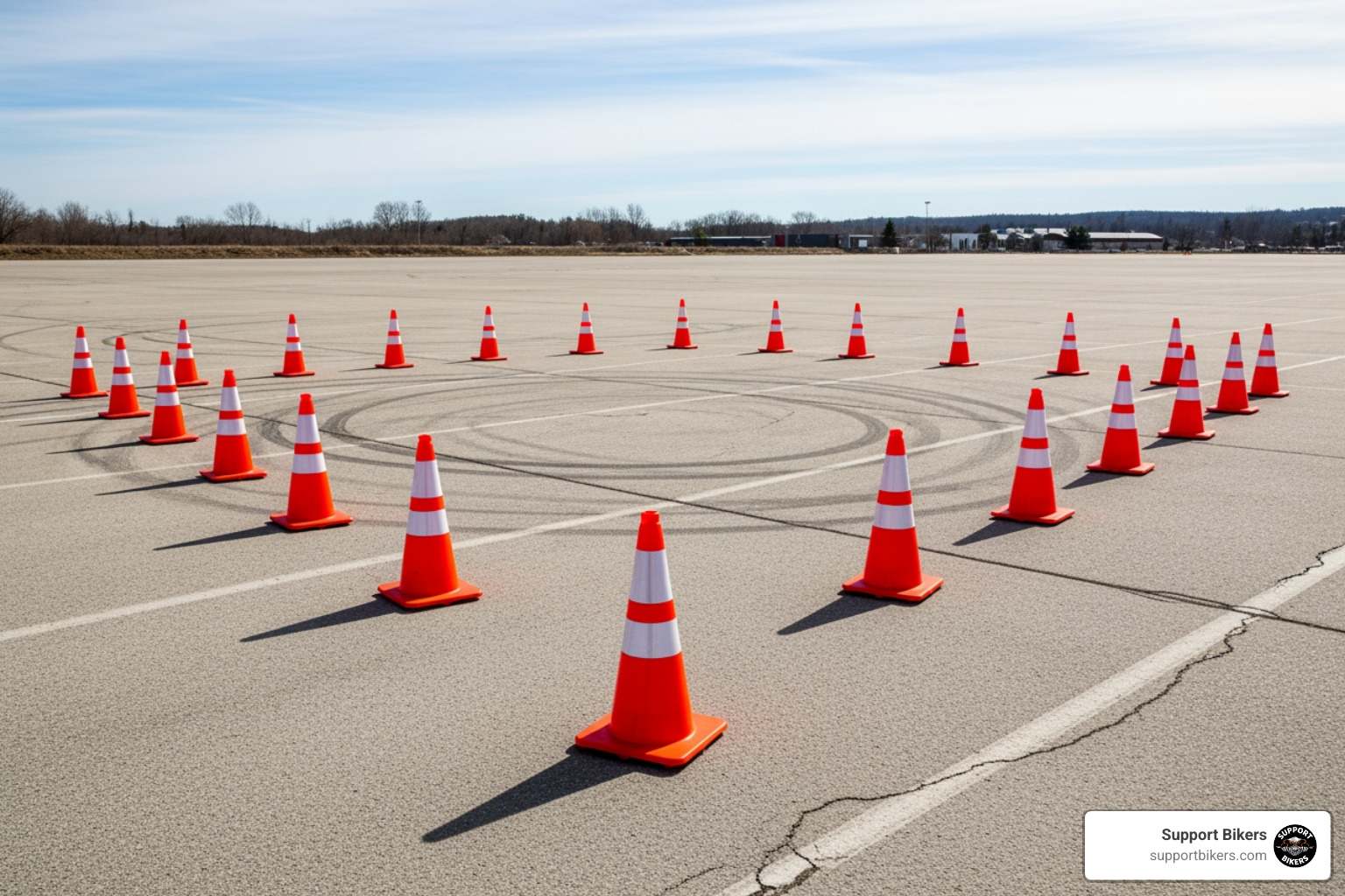 Cones set up for a figure-eight drill in a parking lot - learn to ride a bike