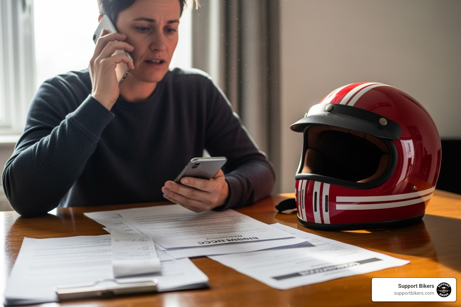 A person on the phone, looking concerned, with insurance papers on a table, next to an American style motorcycle helmet - what to do if injured