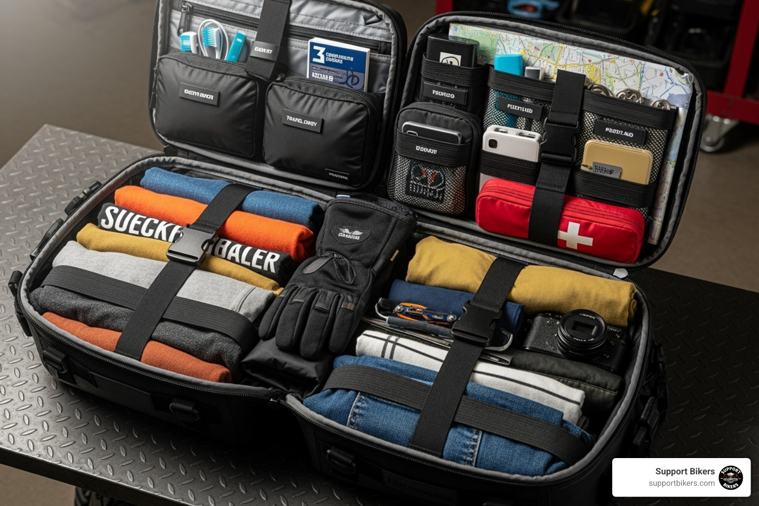 Neatly packed motorcycle luggage - Motorcycle trip planning resources Neatly packed motorcycle luggage - Motorcycle trip planning resources