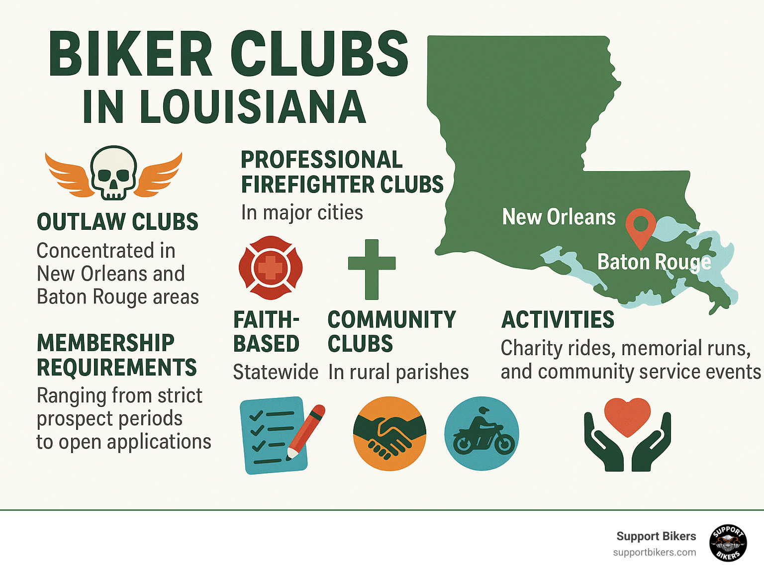 Infographic showing Louisiana biker club types: Outlaw clubs concentrated in New Orleans and Baton Rouge areas, professional firefighter clubs in major cities, faith-based groups statewide, community clubs in rural parishes, with membership requirements ranging from strict prospect periods to open applications, and activities including charity rides, memorial runs, and community service events - biker clubs louisiana infographic 