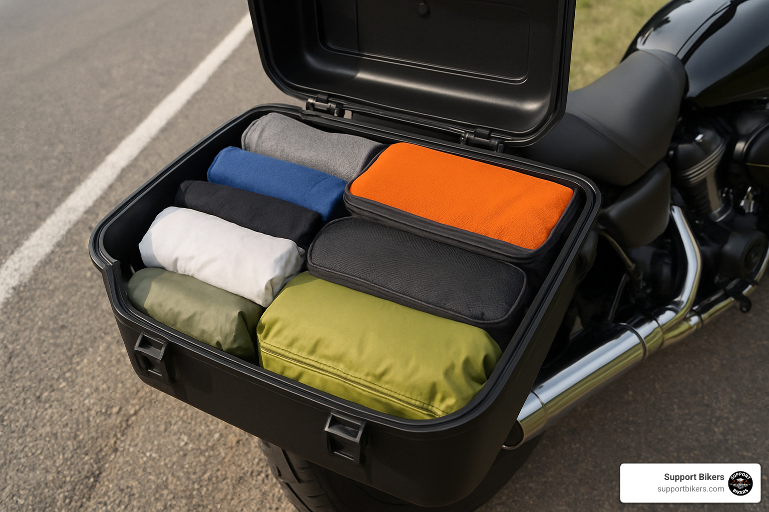 Open motorcycle pannier showing neatly organized layers of gear - Motorcycle trip packing