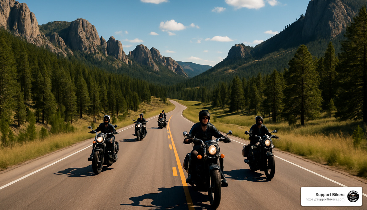 motorcycles on scenic highway in Black Hills - where is sturgis