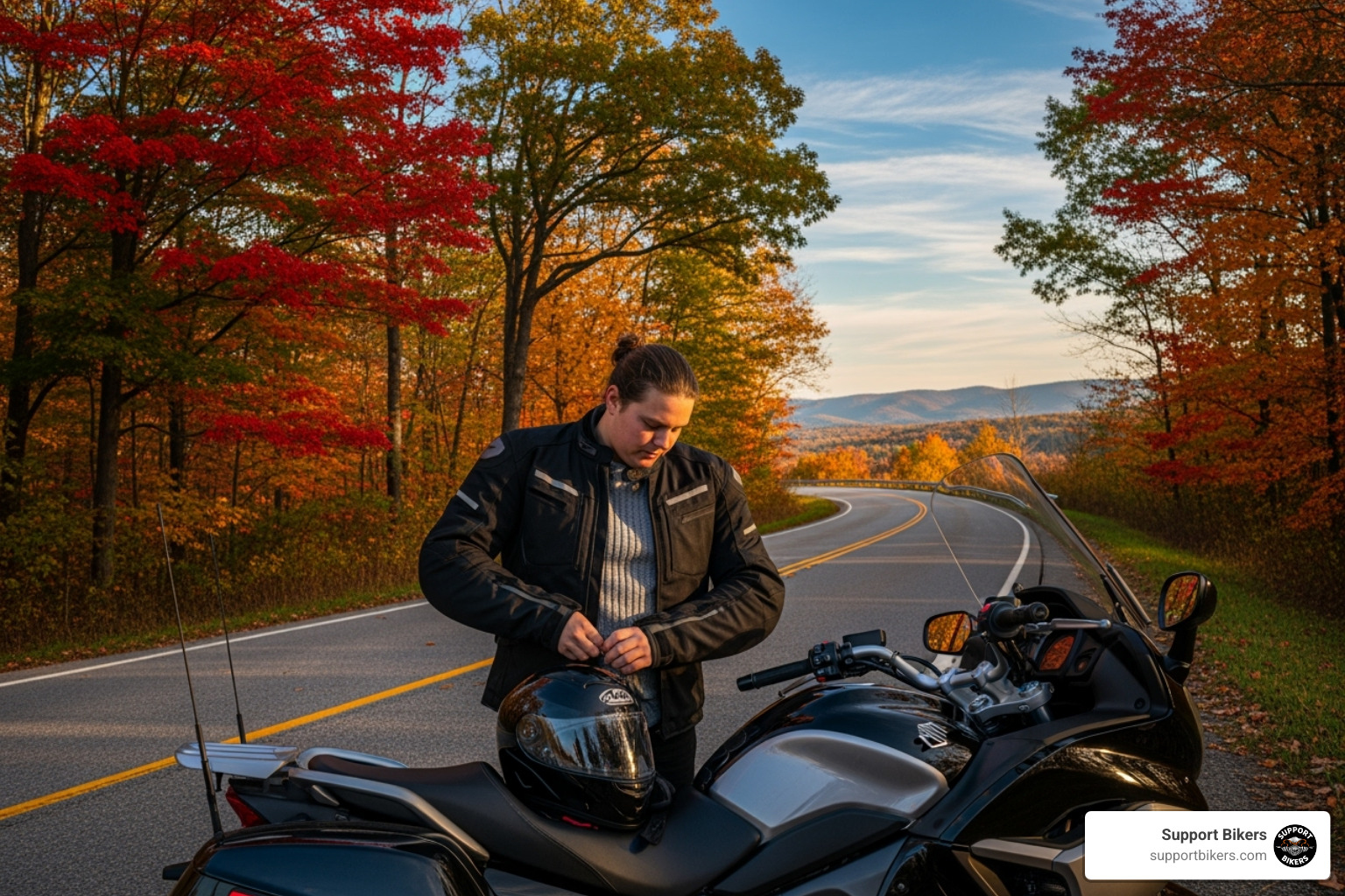 Rider putting on layered gear - How to find fall motorcycle rides in my state