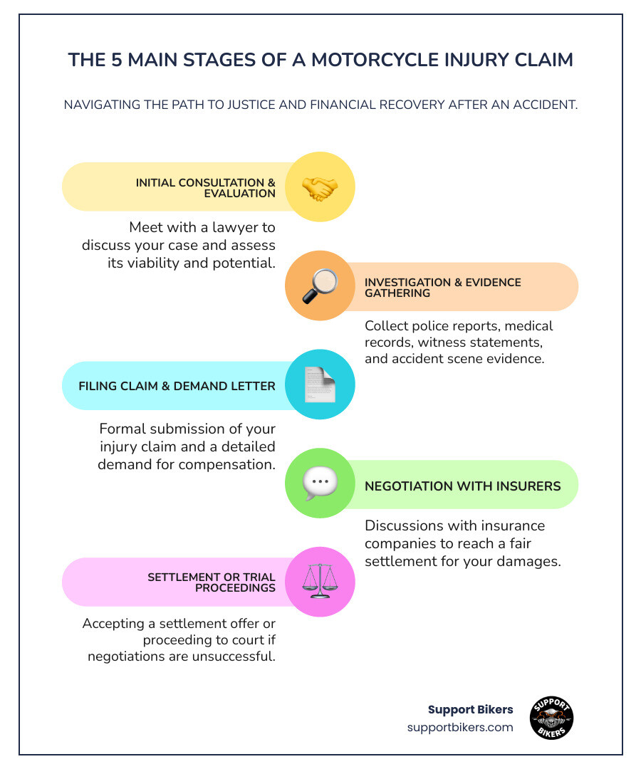 Infographic showing the 5 main stages of a motorcycle injury claim: 1) Initial consultation and case evaluation, 2) Investigation and evidence gathering, 3) Filing the claim and demand letter, 4) Negotiation with insurance companies, 5) Settlement or trial proceedings - how injury claims help innocent victims of a motorcycle accident infographic infographic-line-5-steps-colors