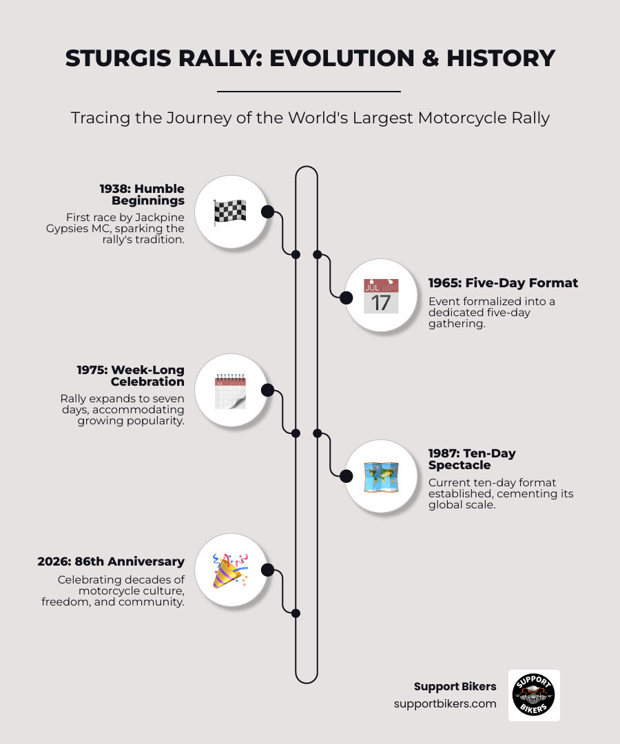 Infographic showing the historical timeline of the Sturgis Motorcycle Rally from its 1938 origins with the Jackpine Gypsies through its evolution from a 5-day event in 1965 to a 7-day format in 1975, then to the current 10-day celebration starting in 1987, culminating in the 86th anniversary celebration in 2026 - Sturgis Bike Week 2026 infographic infographic-line-5-steps-neat_beige