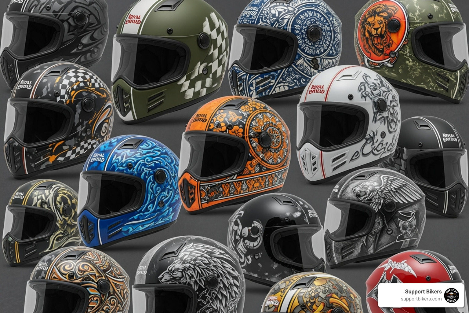 Collage of different custom Royal Enfield helmet designs - royal enfield helmet custom Collage of different custom Royal Enfield helmet designs - royal enfield helmet custom