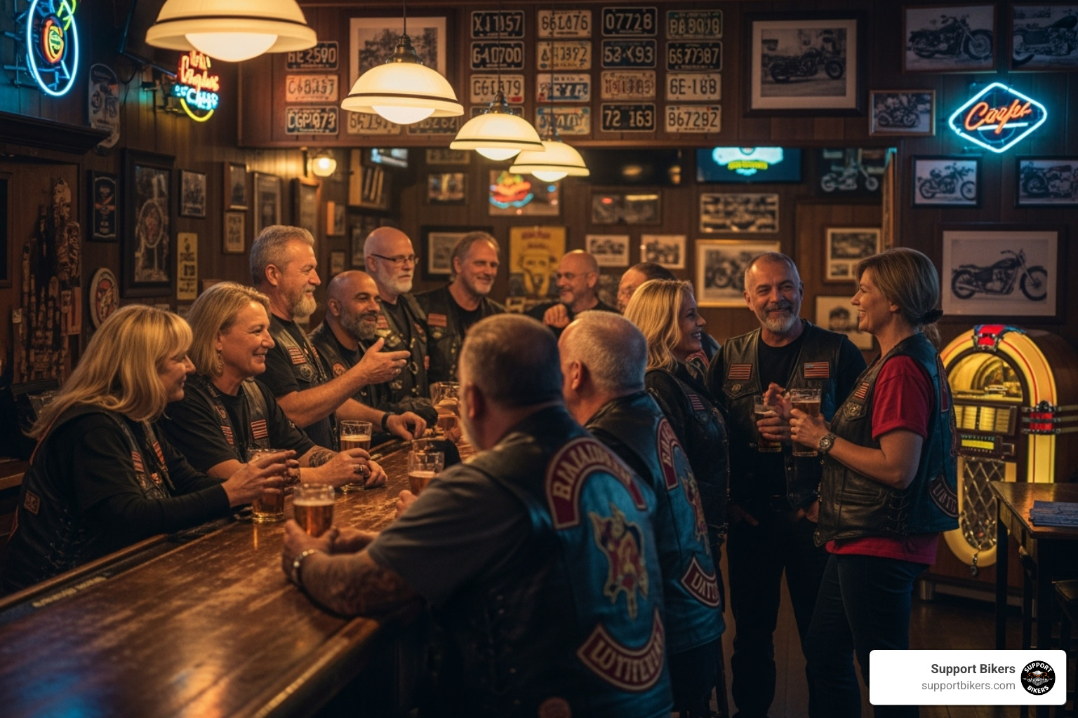 bikers wearing club vests socializing respectfully - motorcycle club bars
