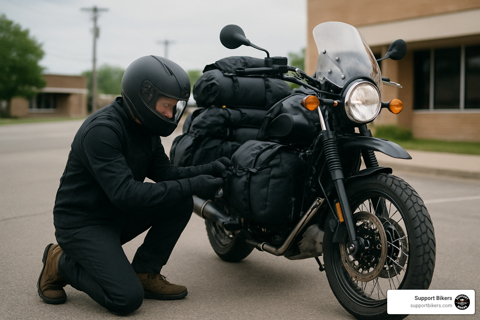 Rider securing final straps before departure - Motorcycle trip packing