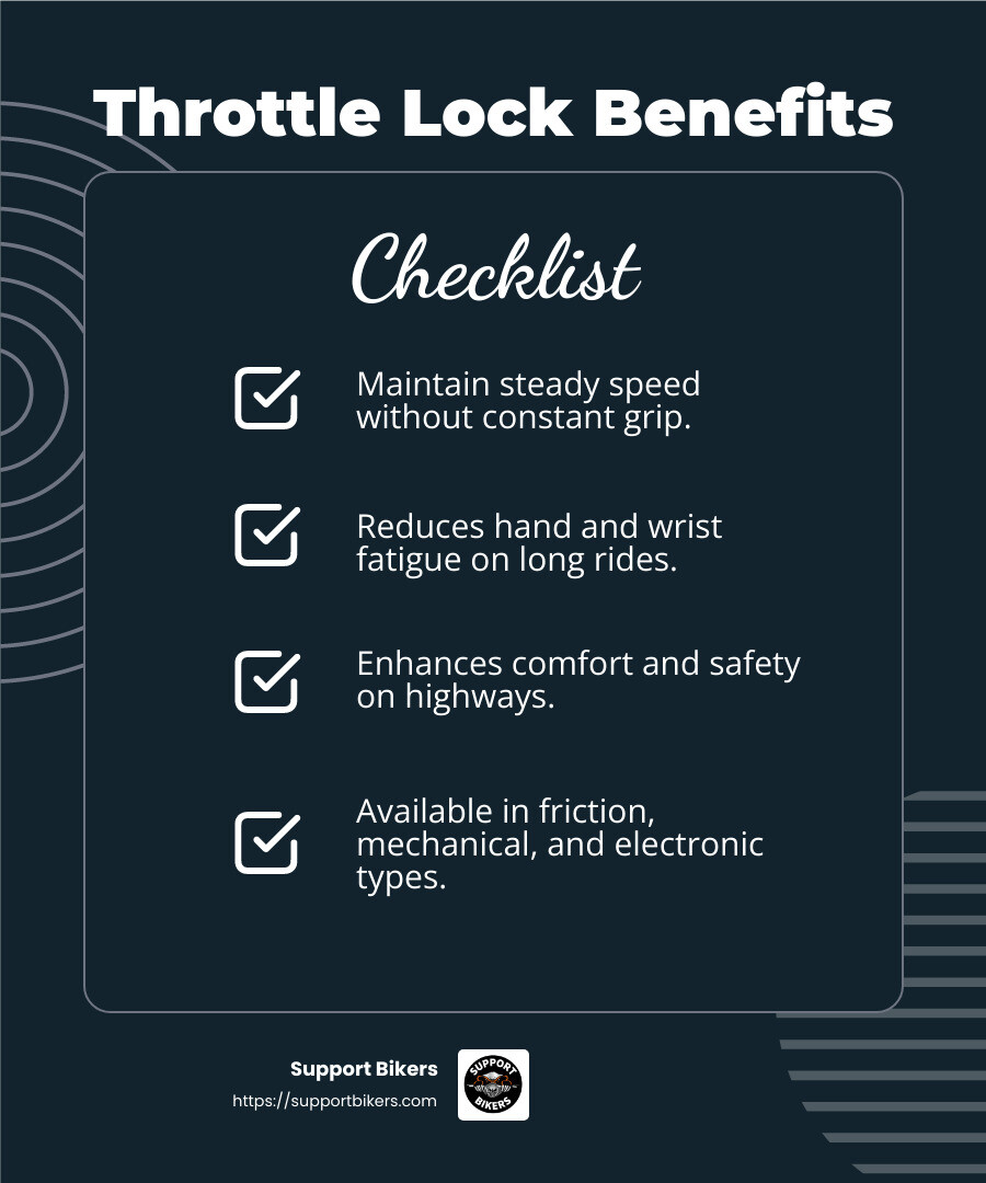 Reducing rider fatigue with throttle locks - how to install a motorcycle throttle lock infographic checklist-dark-blue