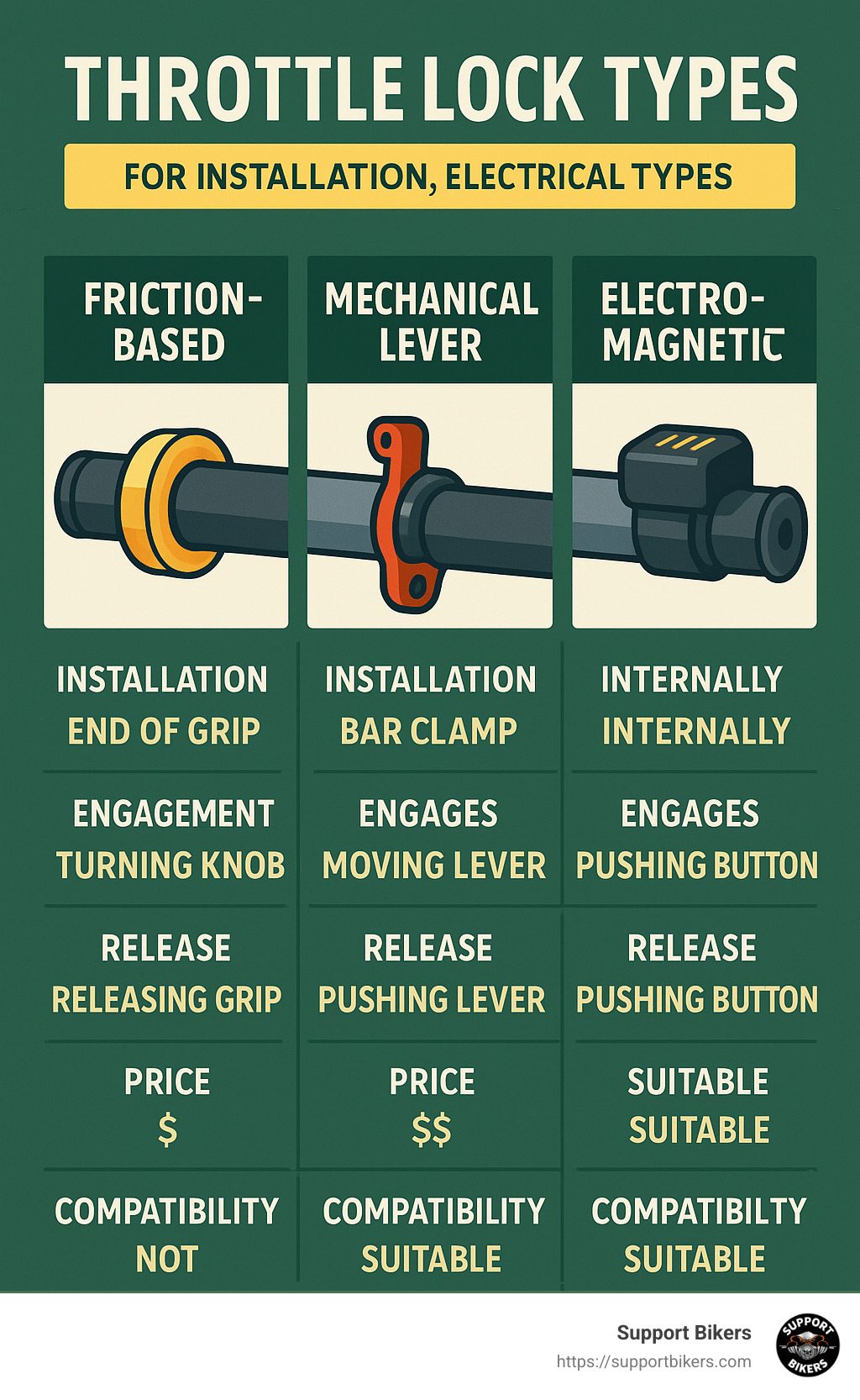 Comparison of throttle lock types showing friction-based, mechanical lever, and electromagnetic designs with their installation locations, engagement methods, release mechanisms, price ranges, and compatibility with different motorcycle types - motorcycle cruise control throttle lock infographic 