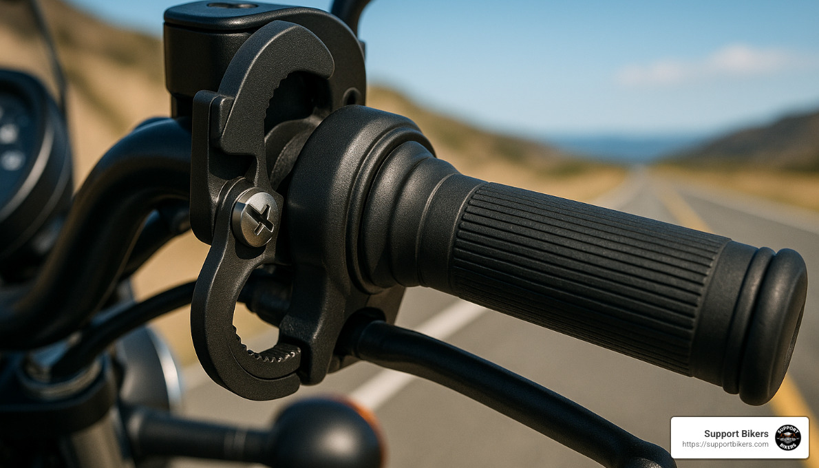 close-up of throttle lock on motorcycle - motorcycle cruise control throttle lock