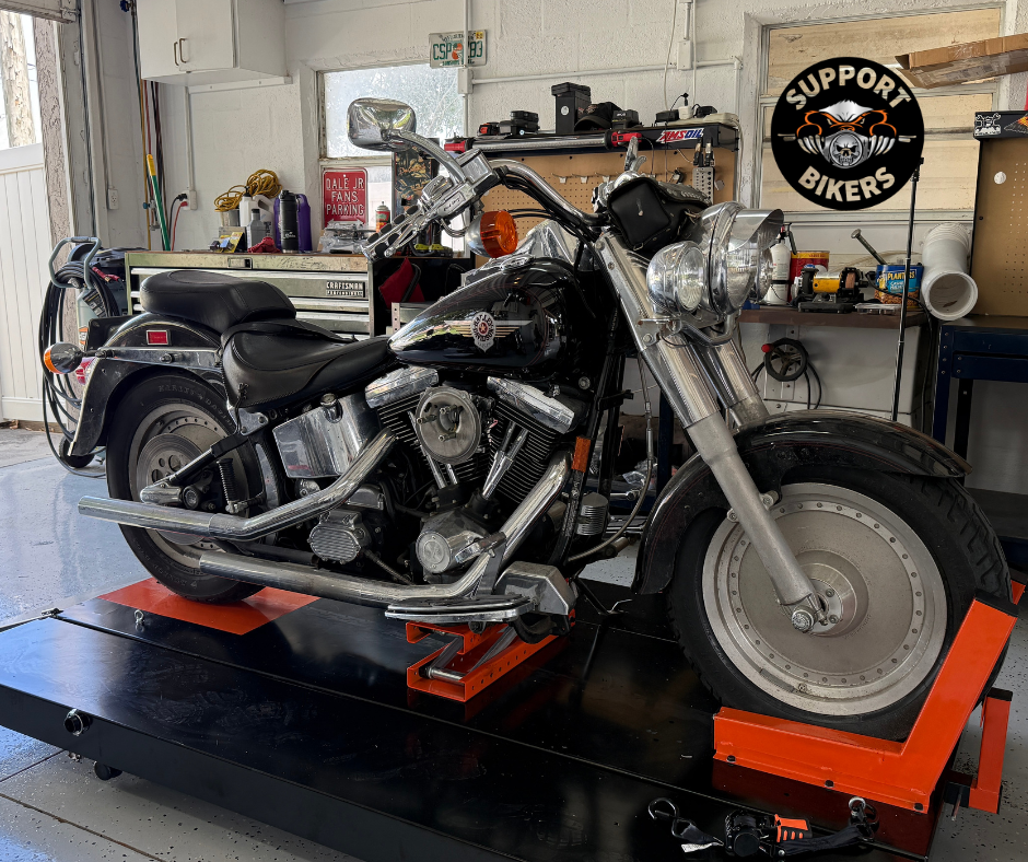 American cruiser motorcycle in winter garage - preparing motorcycle for winter storage