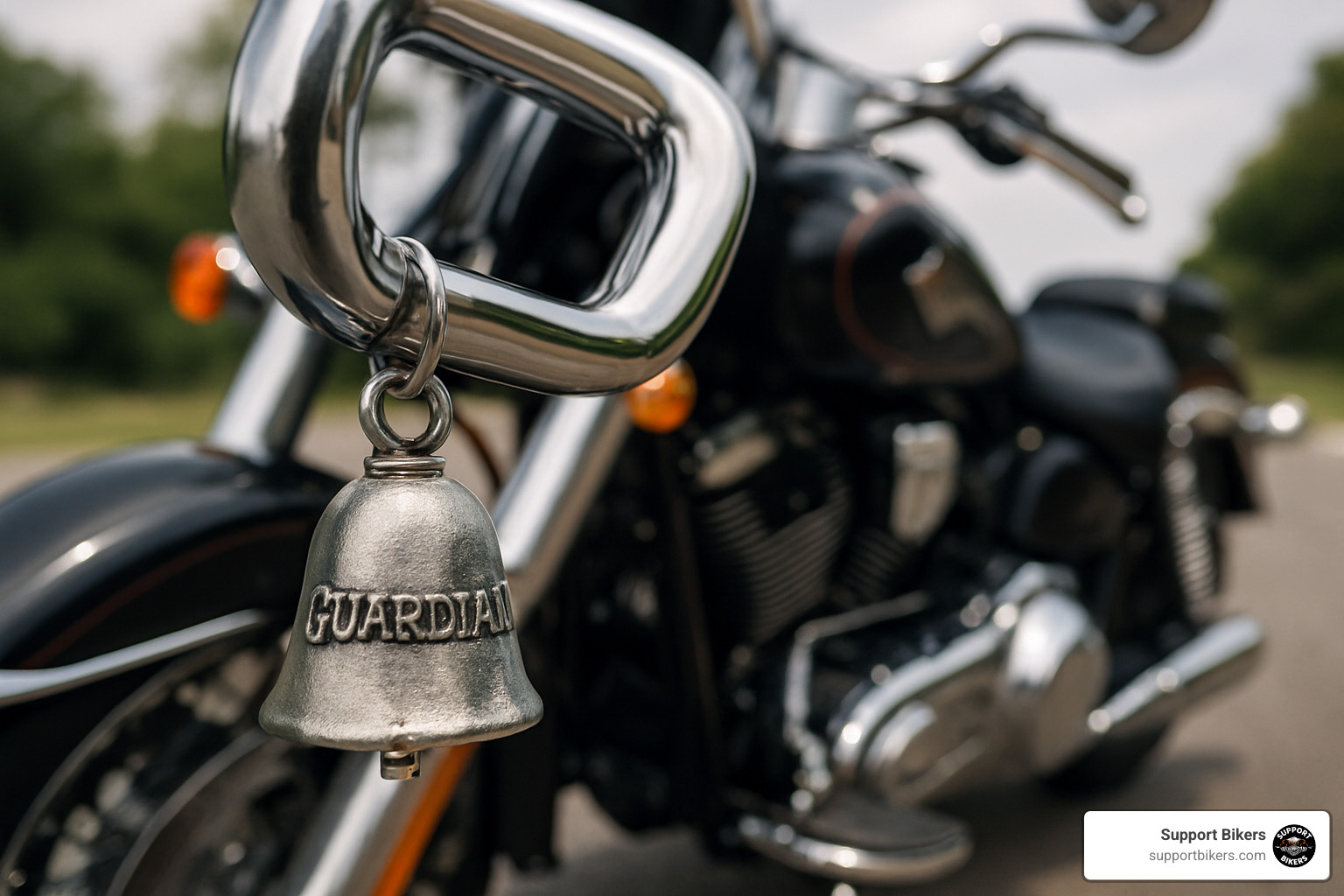 Bell mounted on engine guard of American cruiser motorcycle - motorcycle guardian bell