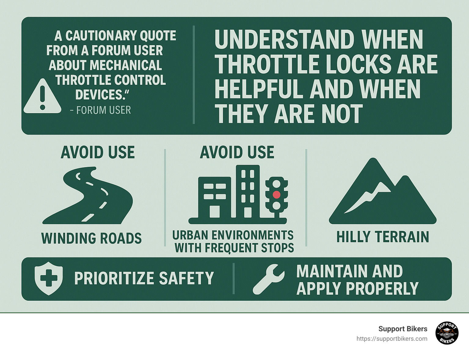 Quote from a forum user expressing caution about mechanical throttle control devices - motorcycle cruise control throttle lock infographic 