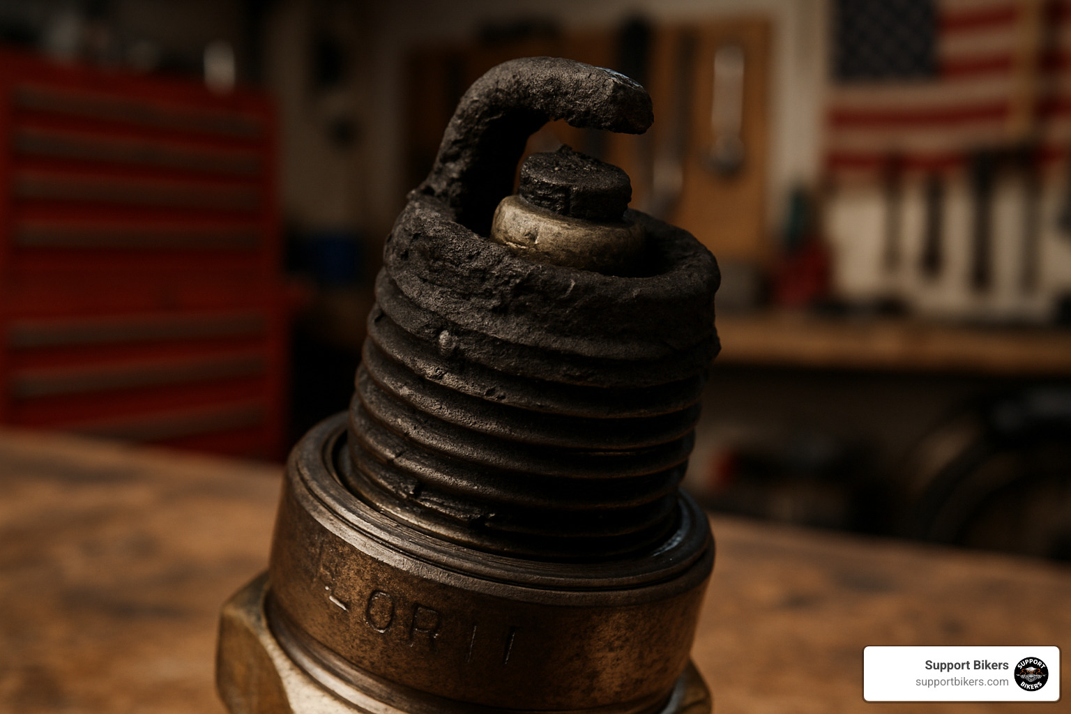 fouled spark plug showing carbon deposits - Motorcycle engine tuning