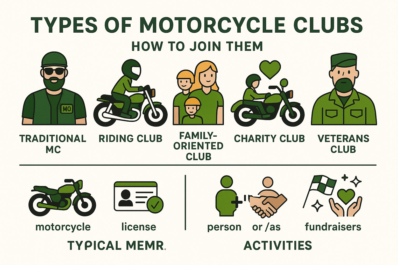 Types of motorcycle clubs and how to join them, including traditional MCs, riding clubs, family-oriented clubs, charity clubs, and veterans clubs with their typical membership requirements and activities - Motorcycle clubs near me infographic 