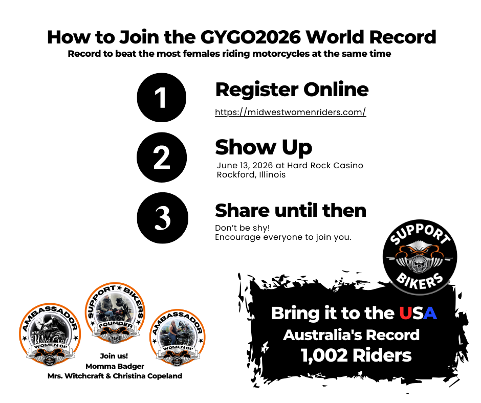 Black and white infographic titled “How to Join the GYGO2026 World Record Ride” outlining 3 steps: Register at midwestwomenriders.com, show up June 12, 2026 and share the event to beat the world record for the most females riding motorcycles at one time
