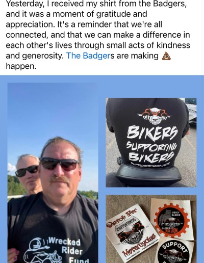 two people on a motorcycle riding down the street with a support bikers shirt on that says bikers supporting bikers on the back