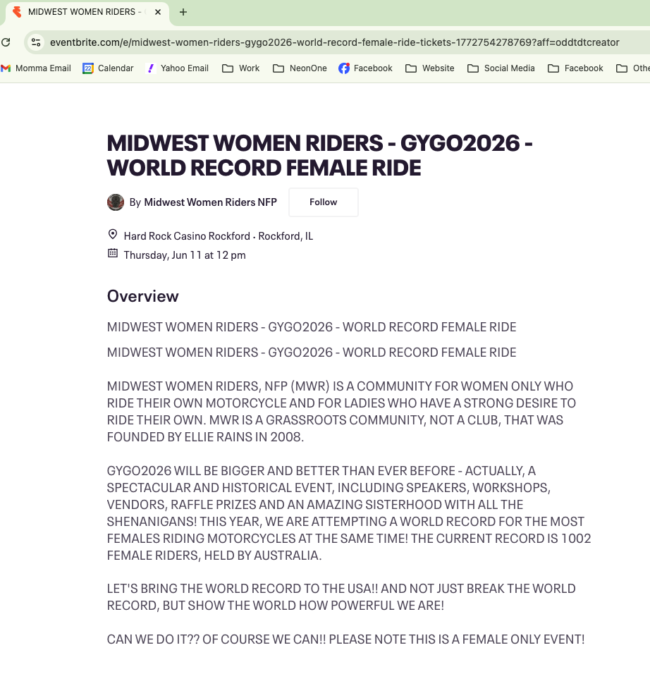 Screenshot of the Eventbrite page for the GYGO2026 World Record Female Ride event.