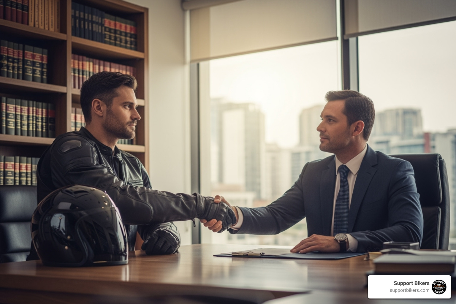 biker shaking hands with a lawyer - how to get legal advice