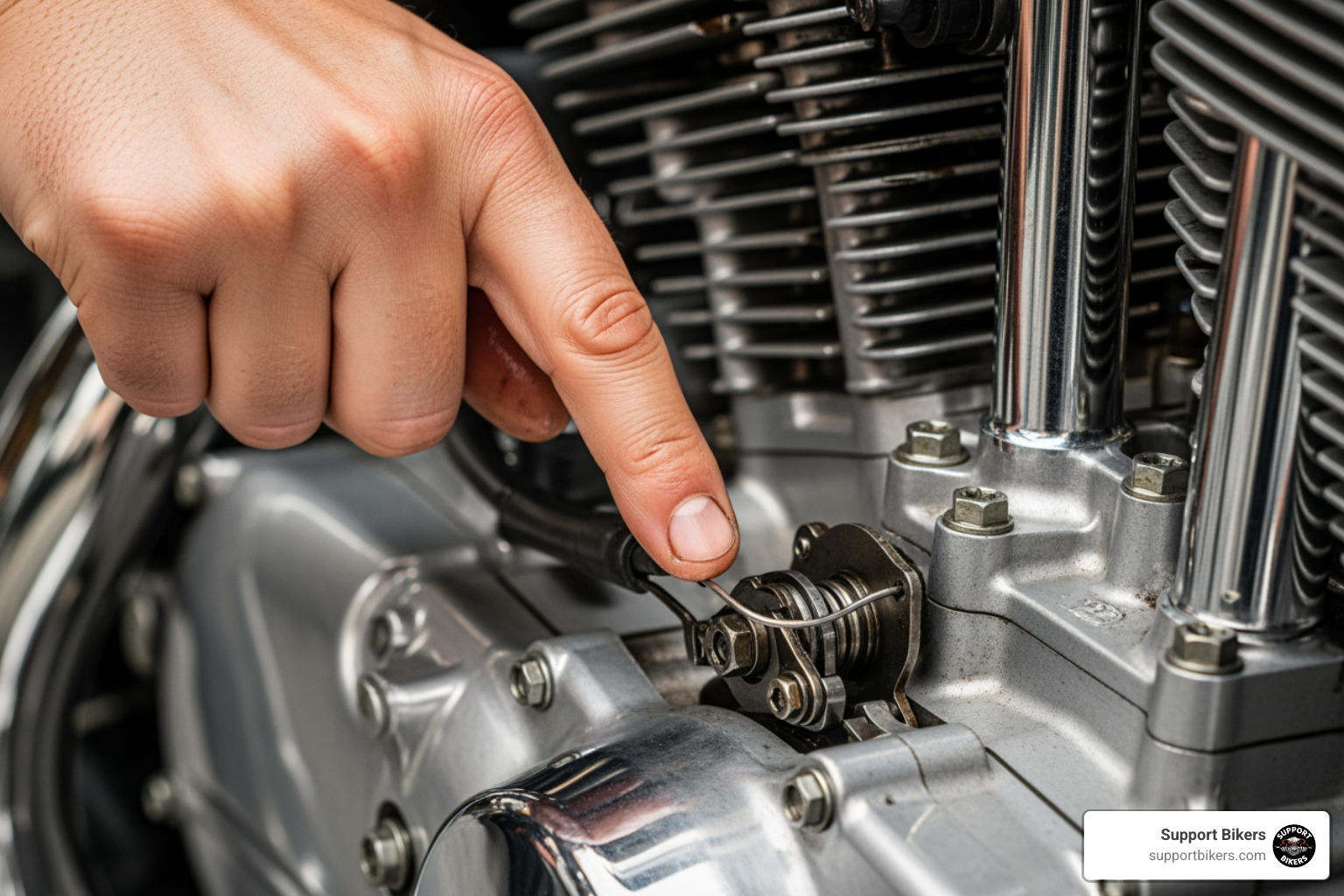 A close-up on a motorcycle engine with someone pointing to a component, highlighting the intricate details. - buying used bike advice A close-up on a motorcycle engine with someone pointing to a component, highlighting the intricate details. - buying used bike advice