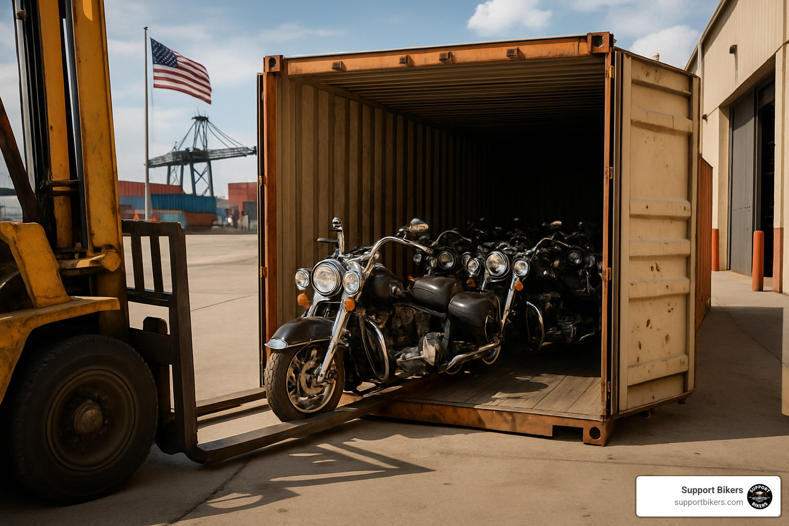 cargo crate filled with American cruiser motorcycles - motorcycle business directory