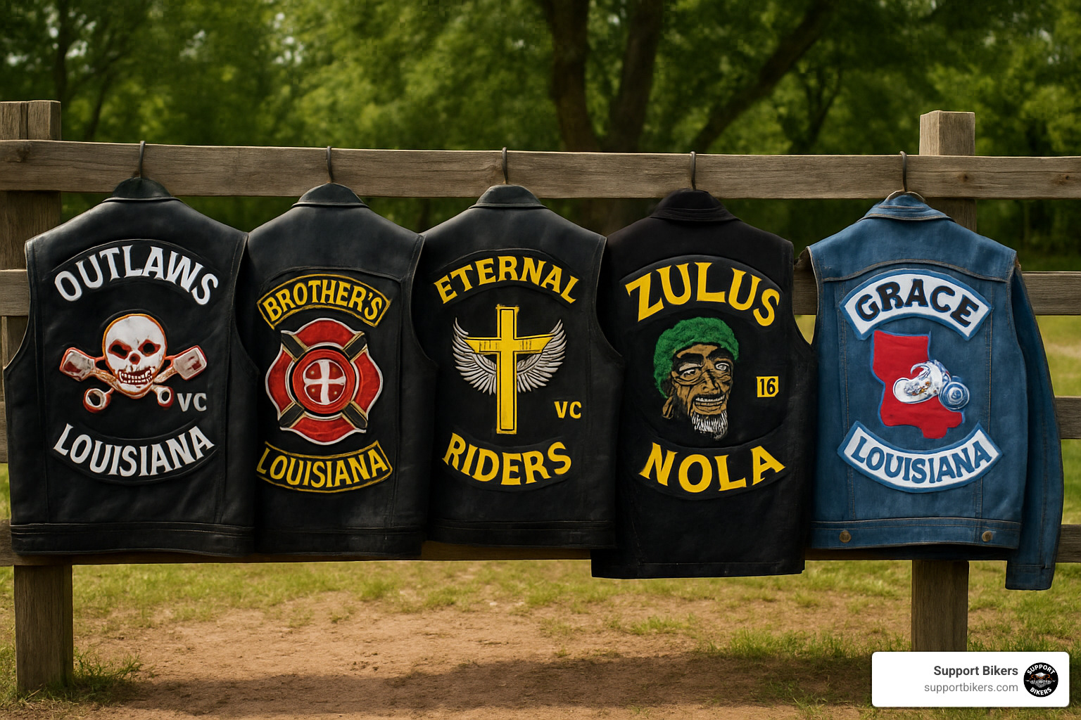 Mixed patch lineup showing various Louisiana motorcycle club colors and insignia - biker clubs louisiana