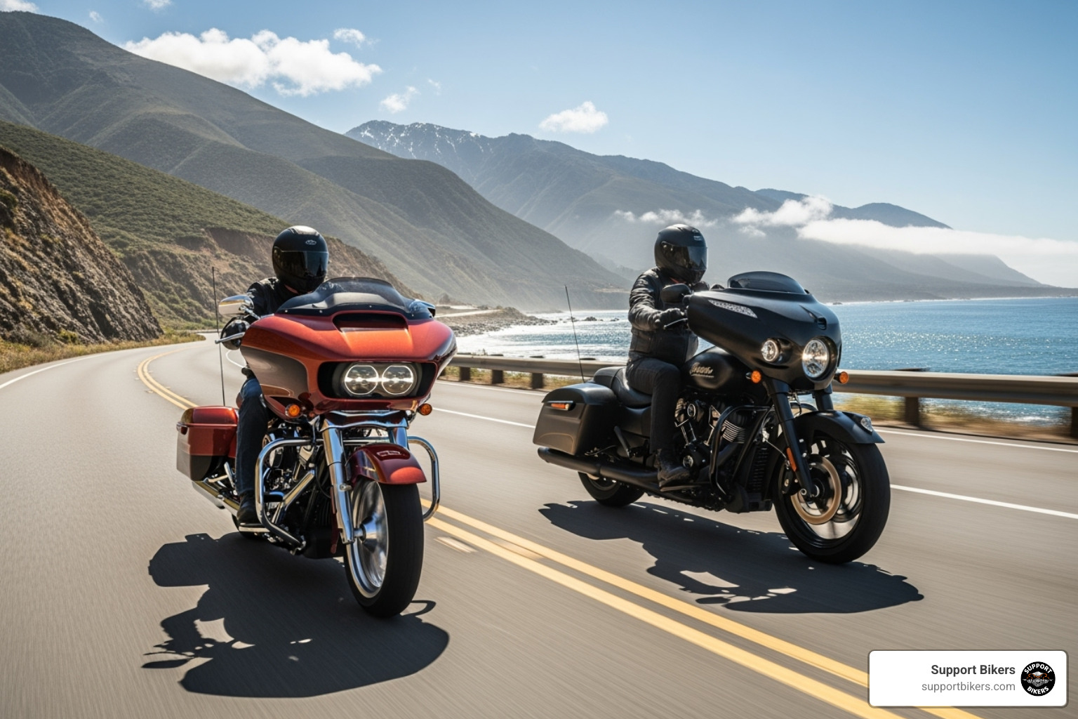 Harley-Davidson Road Glide Limited and Indian Pursuit Dark Horse on a scenic highway - Indian vs Harley
