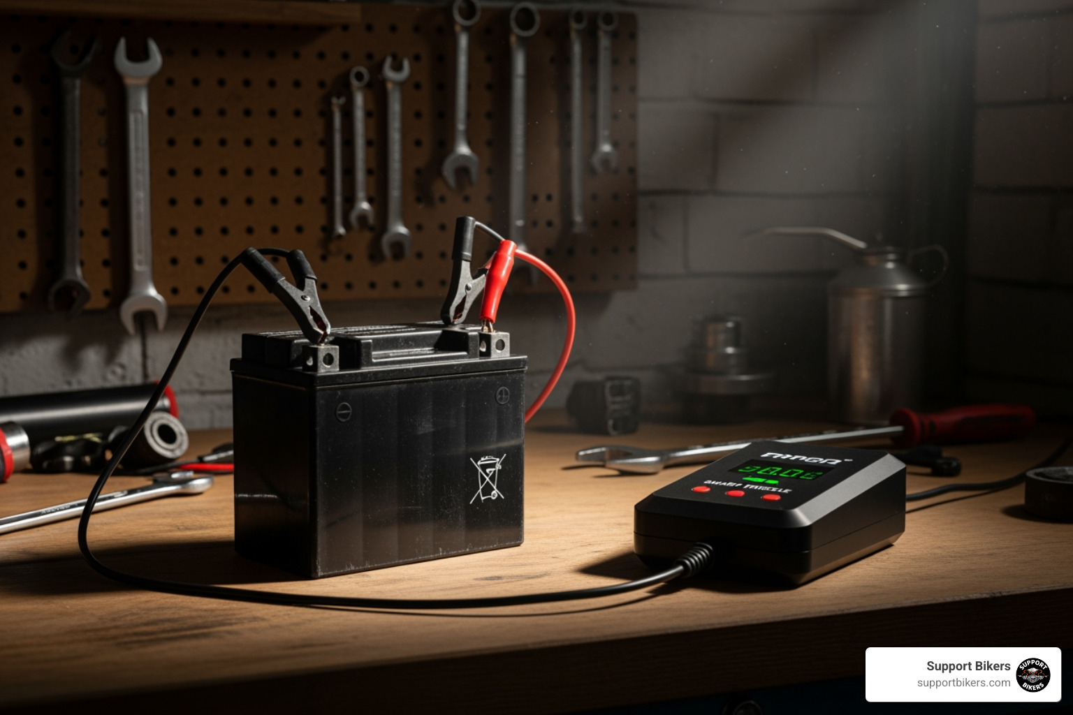 Motorcycle battery connected to a smart trickle charger - preparing motorcycle for winter storage