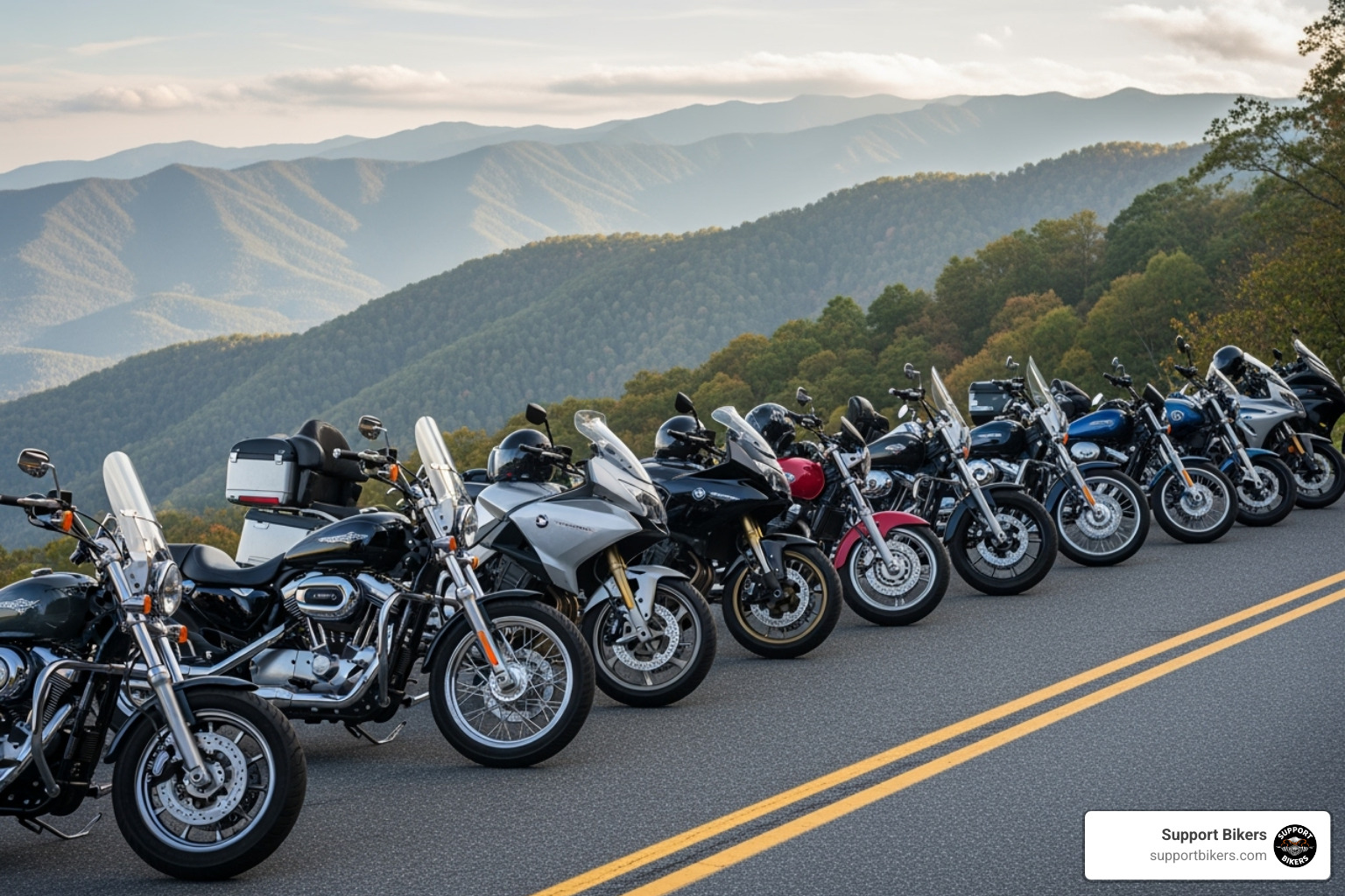 motorcycles lined up with the Smoky Mountains in the background - motorcycle events in tennessee 2025