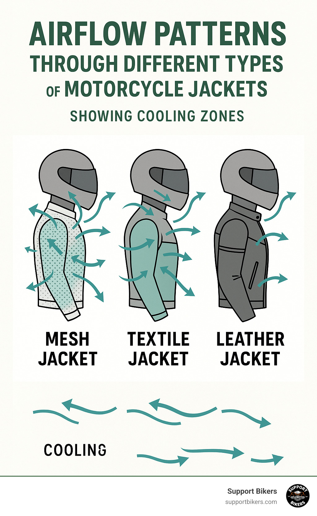 Airflow patterns through different types of motorcycle jackets showing cooling zones - motorcycle apparel tucson infographic