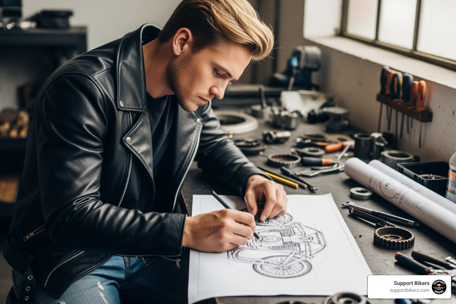 custom builder sketching a motorcycle design on a workbench - custom motorcycle builders