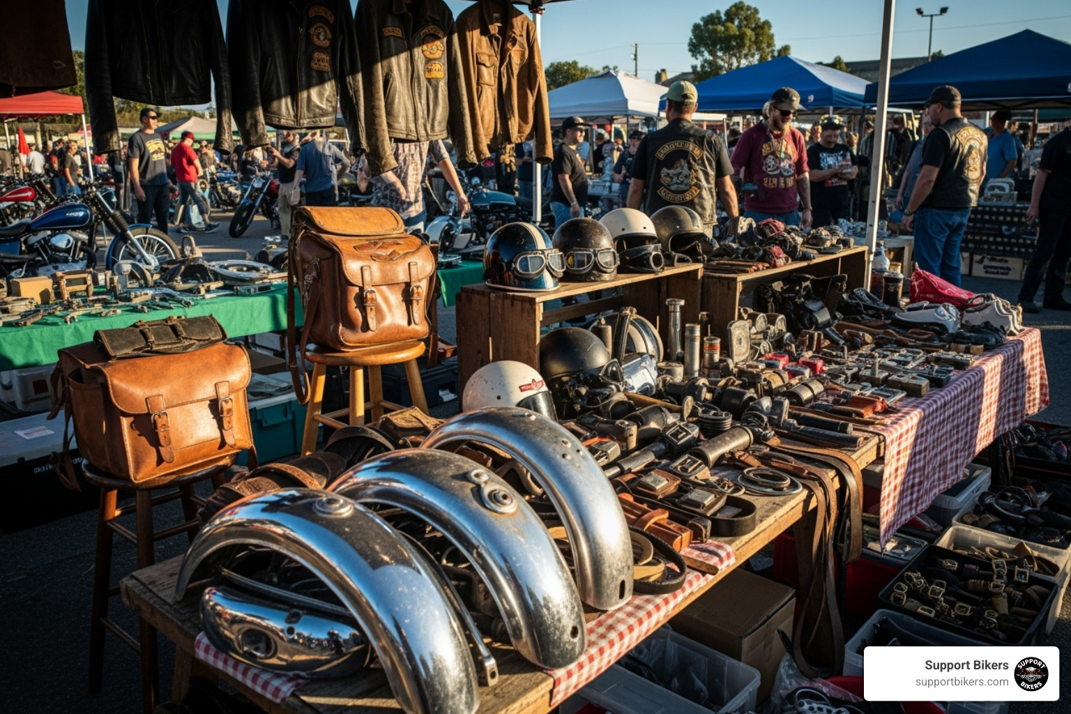 vendor table at a motorcycle swap meet with vintage parts and leather goods. - motorcycle events may 2025