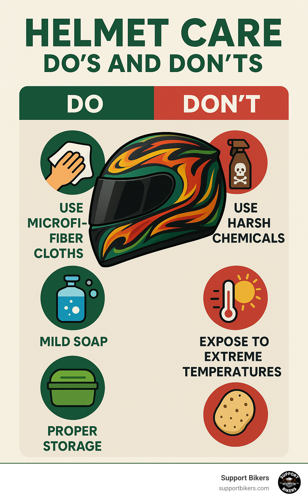 Infographic showing helmet care do's and don'ts: DO use microfiber cloths, mild soap, proper storage; DON'T use harsh chemicals, abrasive materials, or expose to extreme temperatures - custom painted street bike helmets infographic 