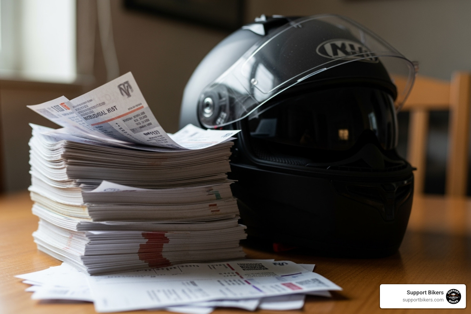 stack of medical bills next to a motorcycle helmet - how injury claims help innocent victims of a motorcycle accident