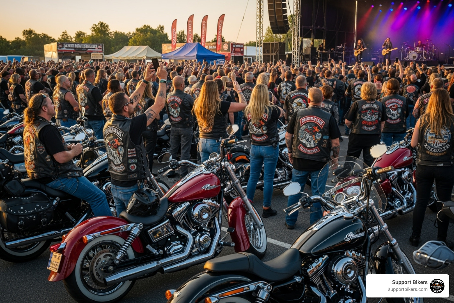 A crowd enjoying a live concert at a motorcycle rally with American-style motorcycles in the foreground - gettysburg bike week