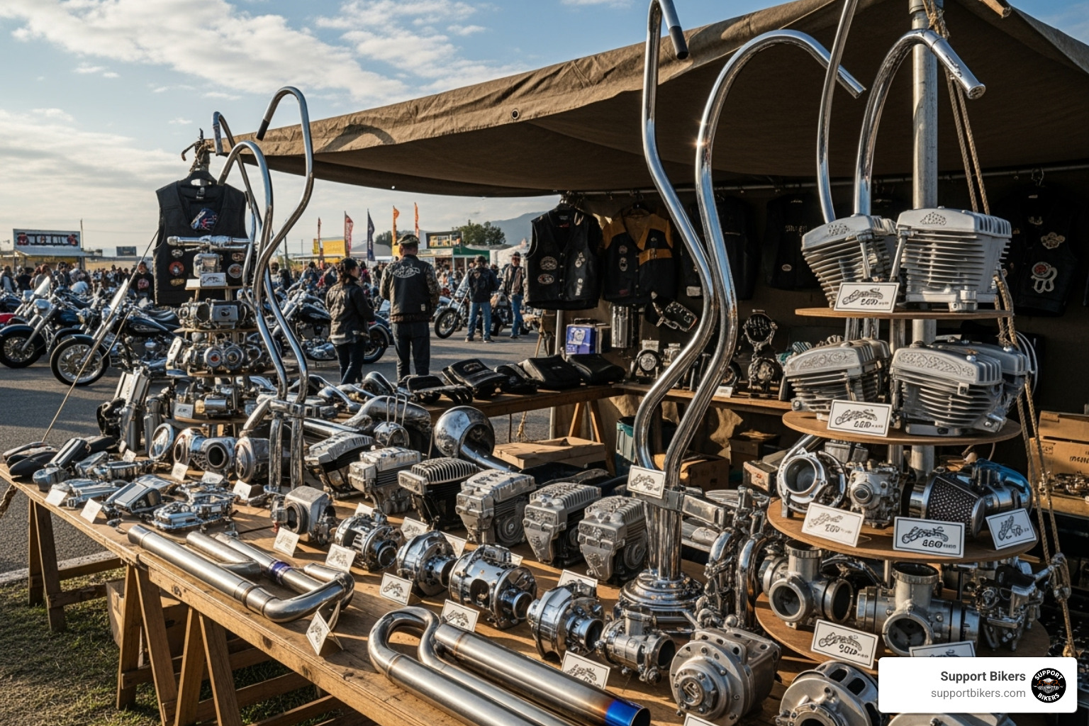A vendor booth at a motorcycle rally with custom parts like handlebars and exhaust pipes on display, clearly showing American style motorcycle parts. - daytona beach biketoberfest 2025 dates