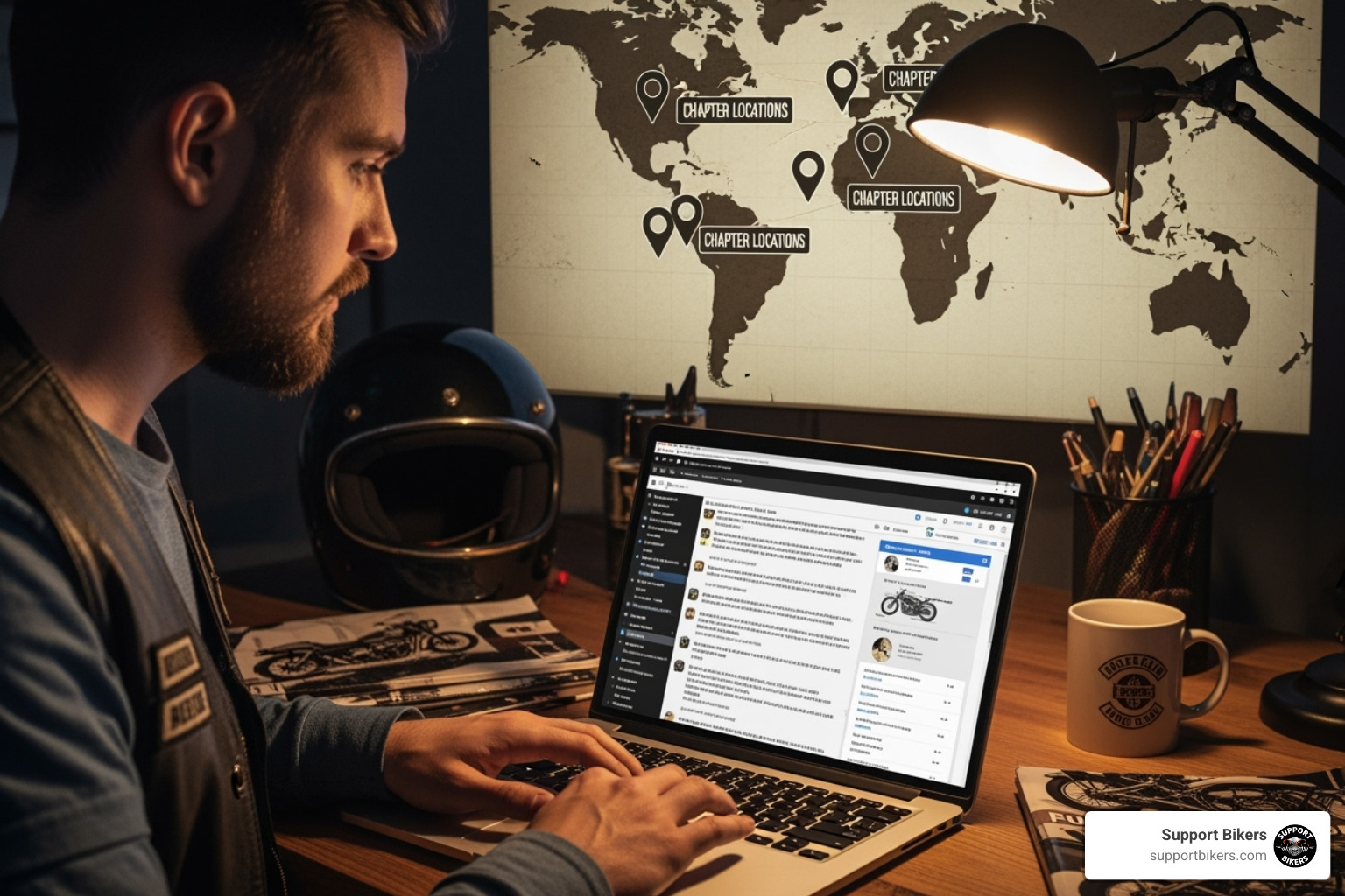 person on a laptop viewing an online forum for bikers, with a map in the background showing chapter locations - motorcycle accident support group