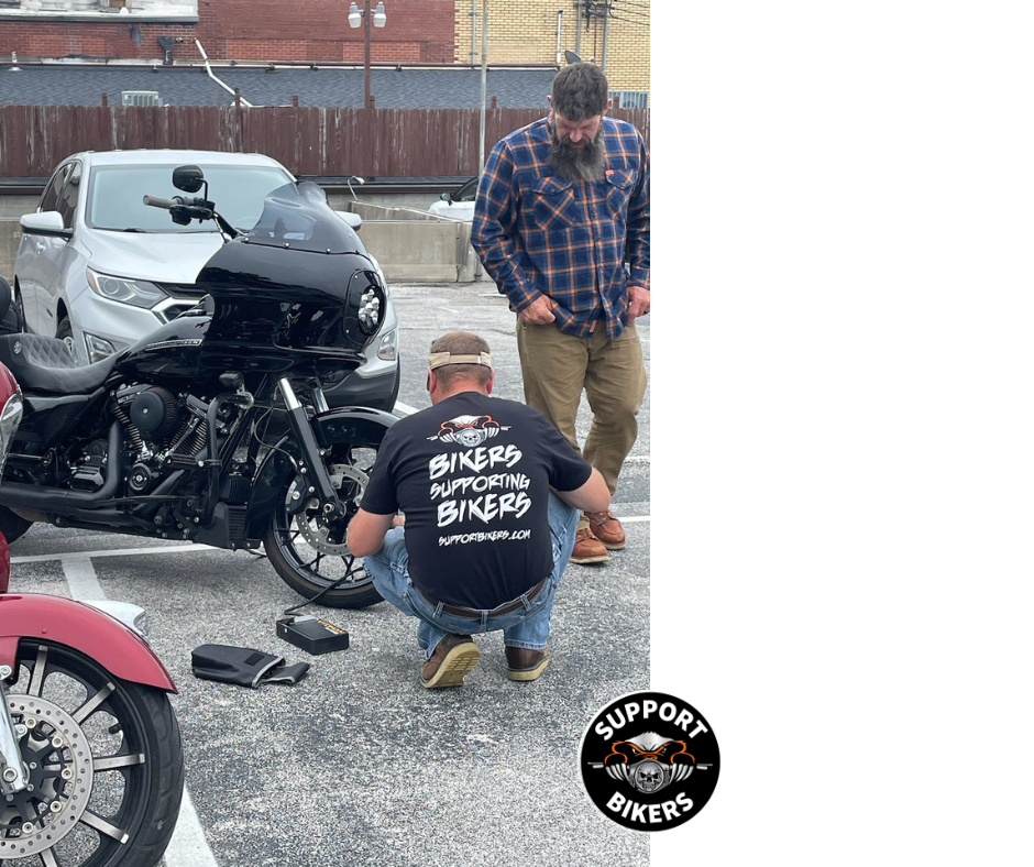 A biker in high-visibility gear working on a motorcycle tire on the side of a road - Motorcycle tire repair A biker in high-visibility gear working on a motorcycle tire on the side of a road - Motorcycle tire repair
