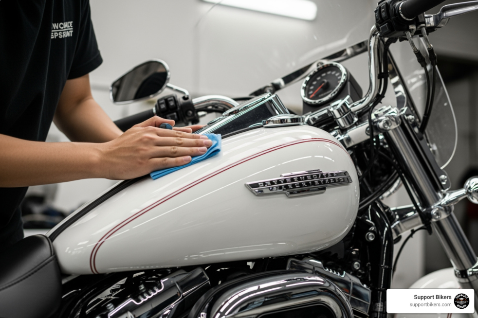 Person waxing the tank of an American-style motorcycle - preparing motorcycle for winter storage