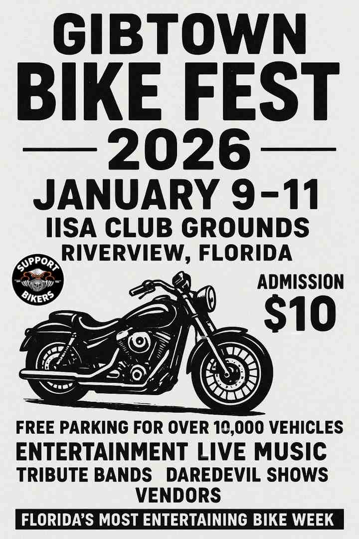 Infographic showing Gibtown Bike Fest 2026 key details: Event dates January 9-11 2026, Location at IISA Club Grounds Riverview Florida, Admission cost ten dollars, Free parking for over 10000 vehicles, Entertainment includes live music tribute bands daredevil shows and vendors, Known as Florida's Most Entertaining Bike Week - gibtown bike fest 2026 infographic checklist-light-blue-grey