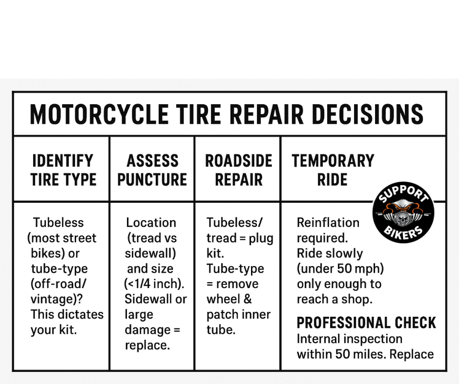 Infographic showing motorcycle tire repair decision tree: First, identify tire type (tubeless vs tube-type). For tubeless tires, check puncture location - if in tread area and under 1/4 inch, use plug kit for temporary repair, then seek professional inspection. If sidewall or over 1/4 inch, replace tire immediately. For tube-type tires, remove wheel and patch inner tube, or replace if damage is extensive. All repairs should be followed by professional inspection within 50 miles at reduced speeds. - Motorcycle tire repair infographic process-5-steps-informal Infographic showing motorcycle tire repair decision tree: First, identify tire type (tubeless vs tube-type). For tubeless tires, check puncture location - if in tread area and under 1/4 inch, use plug kit for temporary repair, then seek professional inspection. If sidewall or over 1/4 inch, replace tire immediately. For tube-type tires, remove wheel and patch inner tube, or replace if damage is extensive. All repairs should be followed by professional inspection within 50 miles at reduced speeds. - Motorcycle tire repair infographic process-5-steps-informal